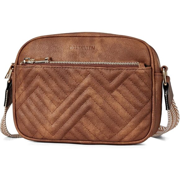 Bostanten Women Brown PU leather Quilted Crossbody Bags With Wide Strap - Picture 7 of 8